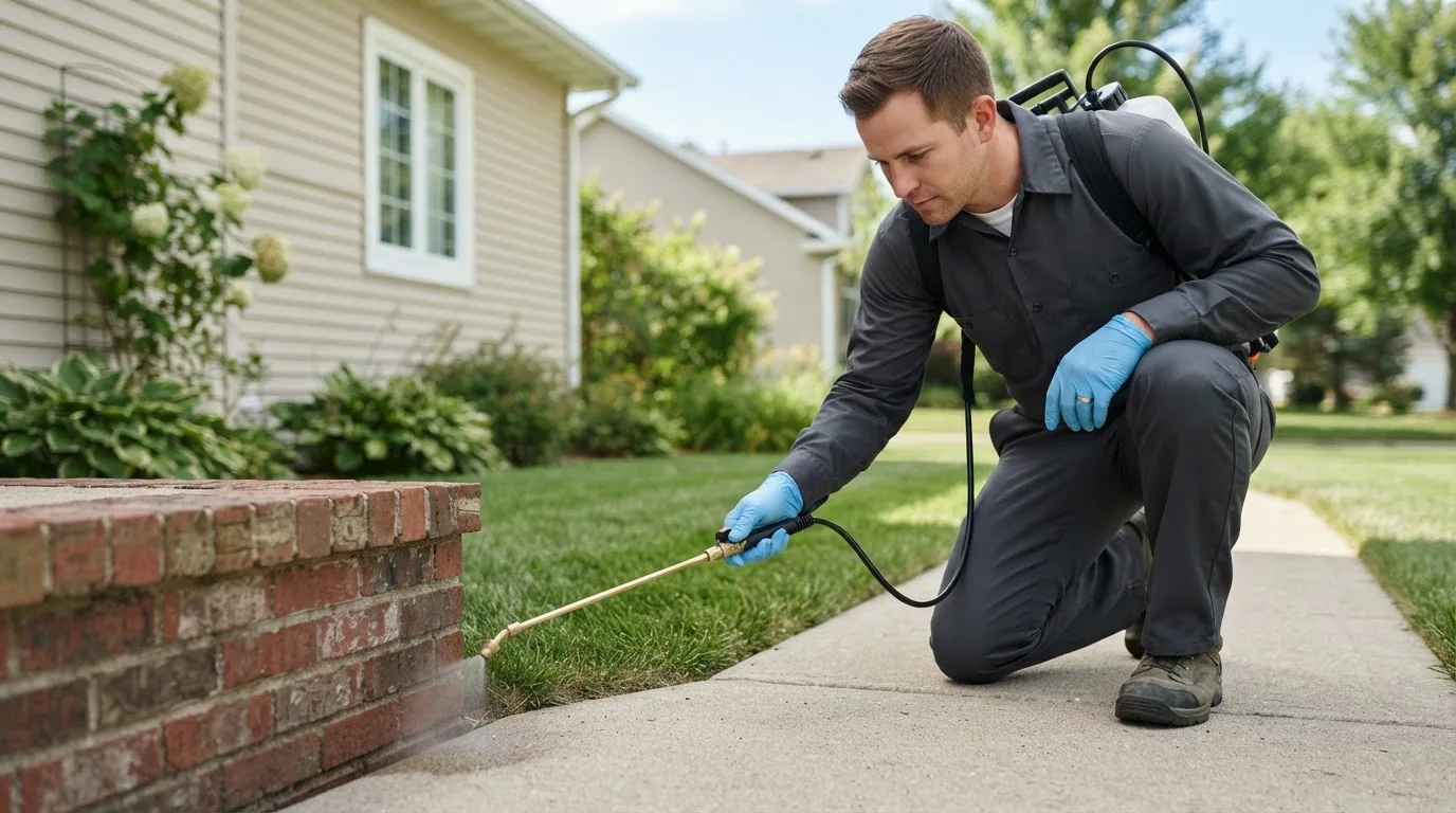 Pest control technician treating a home near Bristol, NH